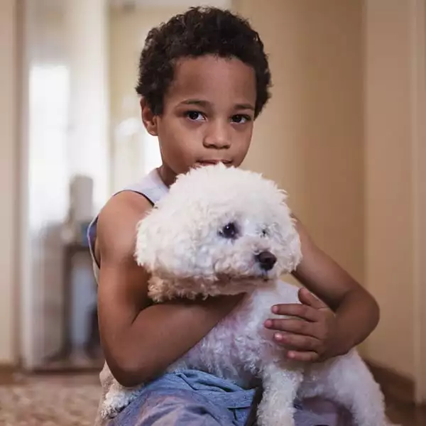 young black boy holding small fluffy white dog indoors