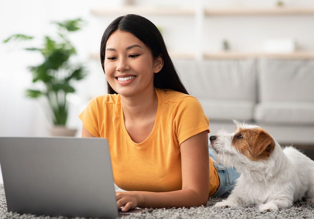 jack russell terrier looking at happy female owner lying on floor in home using laptop