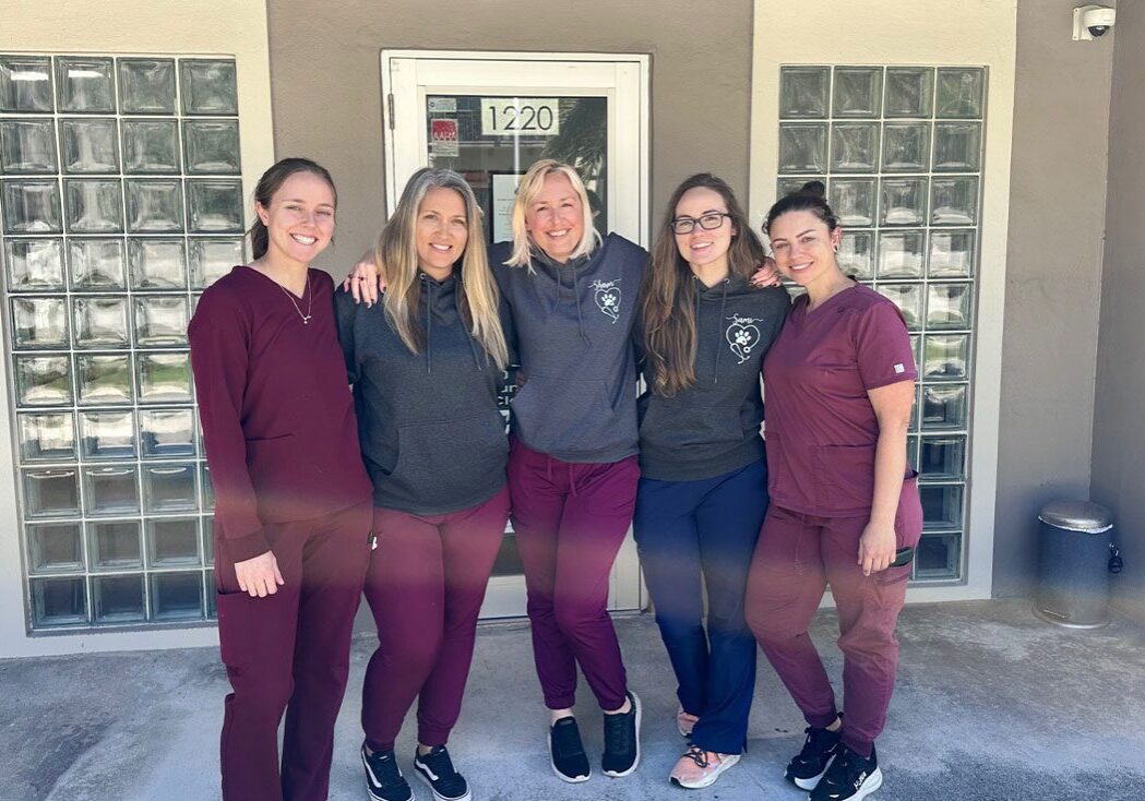 five female staff members smiling and posing outside together